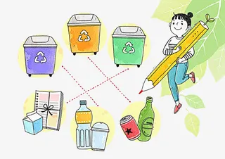 手绘连线垃圾分类垃圾场免抠