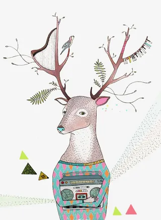 手绘头上长草花鸟的鹿免抠