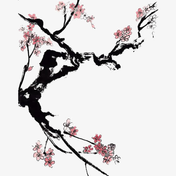 中国风水墨画桃花树免抠