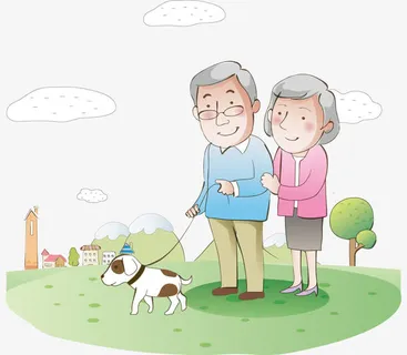一对老夫妻牵着小狗散步免抠