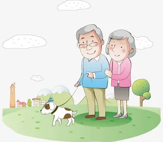 一对老夫妻牵着小狗散步免抠