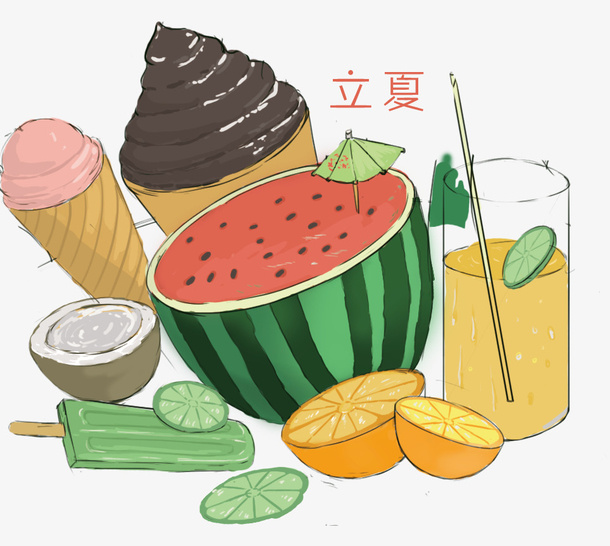 手绘立夏节气小清新水果果汁插图免抠