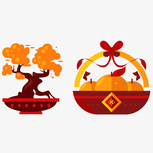 红色中国风节日盆景果篮装饰免抠