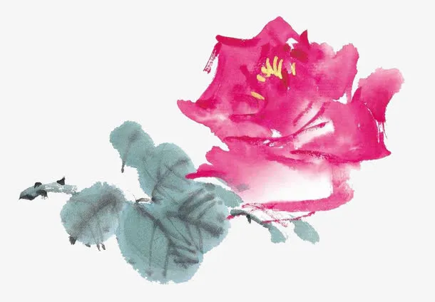 红色水墨画月季花免抠