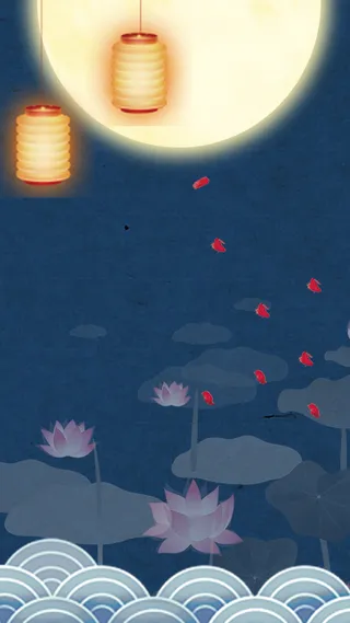 月亮月光深蓝色荷花金鱼高清