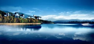 蓝色山脉别墅背景免抠