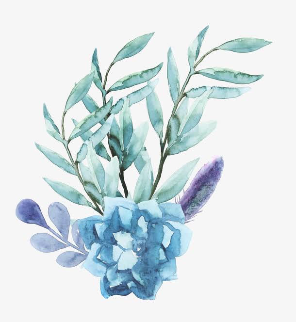 蓝色水彩花图案02免抠