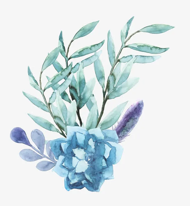 蓝色水彩花图案02免抠