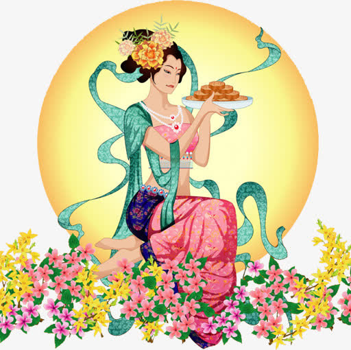 中秋节中秋节月亮上的鲜花美女免抠