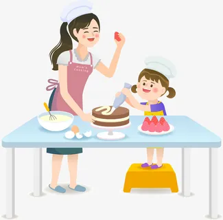 卡通一起做蛋糕甜点亲子插画免抠
