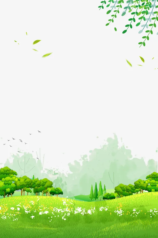 春季绿油油的草地与树枝边框免抠