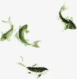 绿色水墨画鲤鱼手绘人物免抠