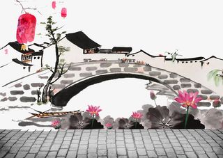 风景宜人祥和宁静水墨画免抠