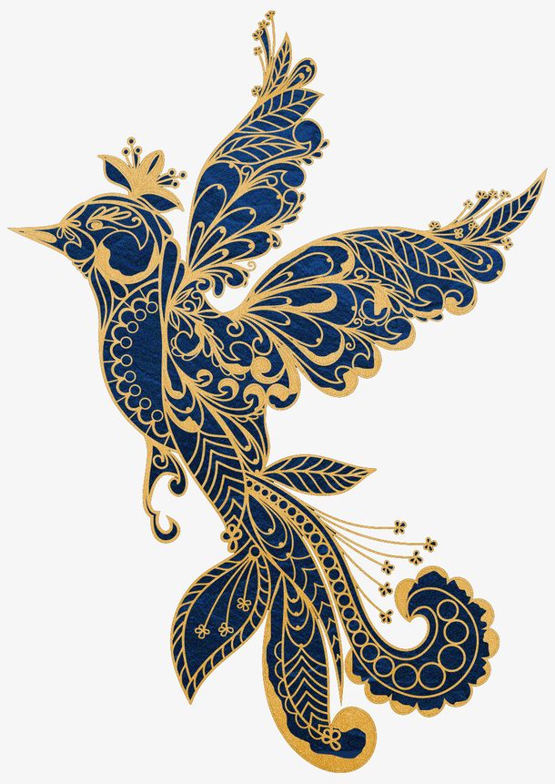中式金色描边蓝色吉祥鸟飞翔免抠