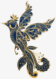 中式金色描边蓝色吉祥鸟飞翔免抠