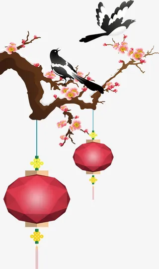 梅花雀鸟灯笼免抠