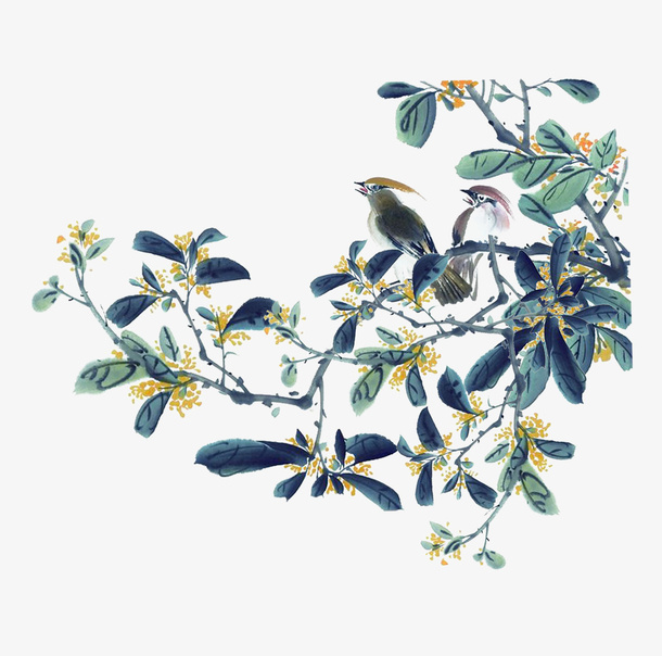 古风彩色树鸟免抠