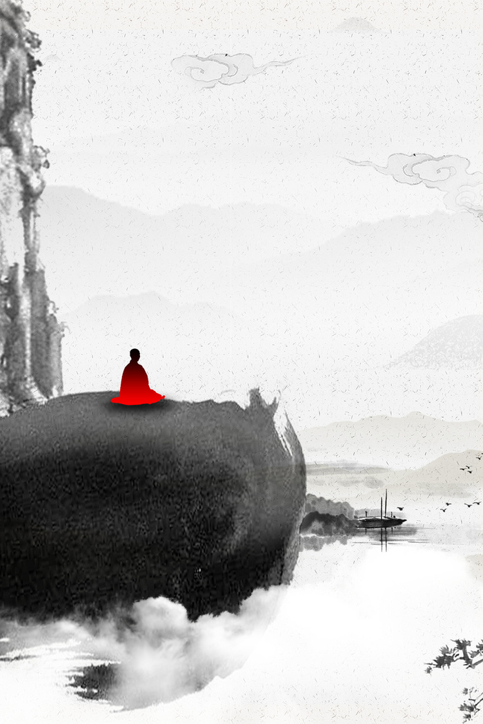 灰色水墨山水禅道海报背景高清