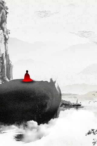 灰色水墨山水禅道海报背景高清