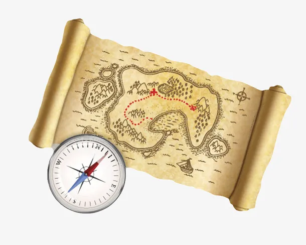 卡其色地图和指南针古代器物实物免抠