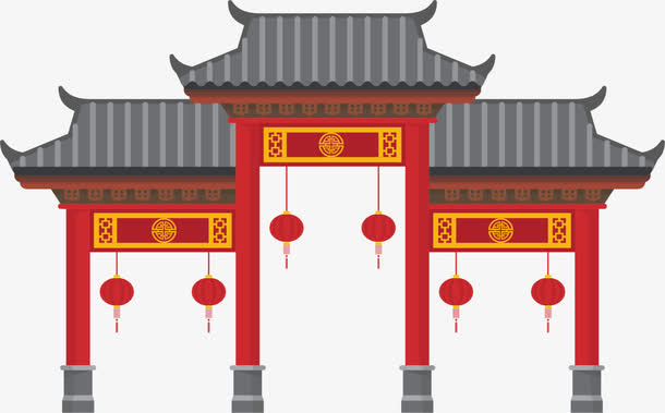 春节红色建筑大门免抠