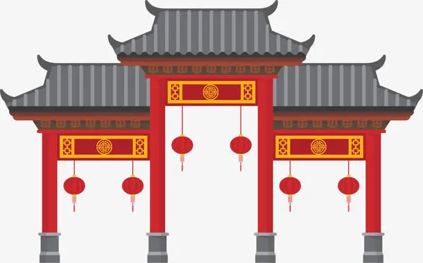 春节红色建筑大门免抠