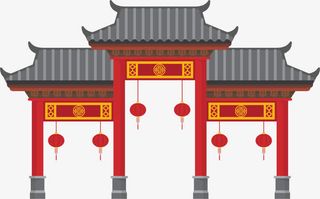 春节红色建筑大门免抠