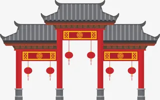 春节红色建筑大门免抠