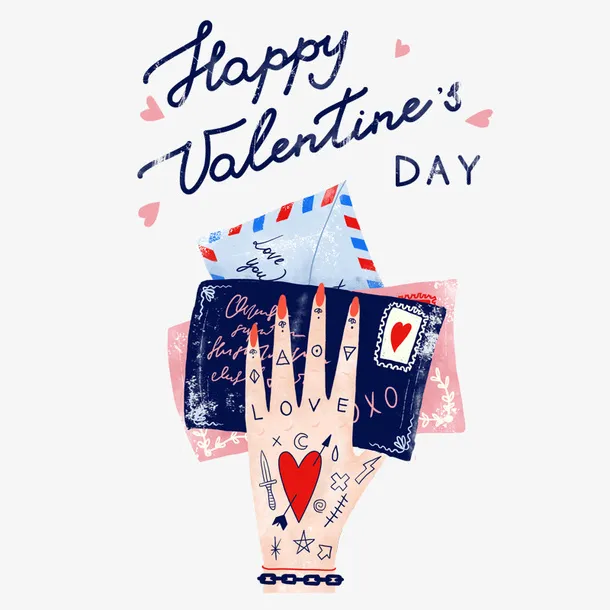 原宿风手绘情人节手形信封图案免抠