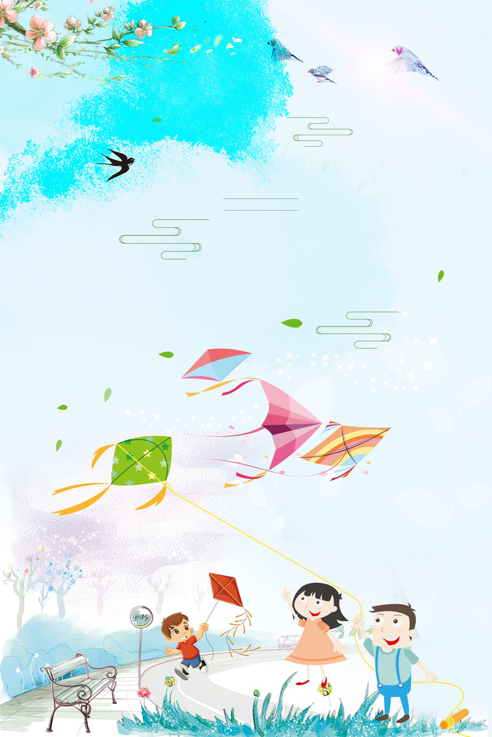 浅蓝色手绘春季上新春天放风筝背景高清