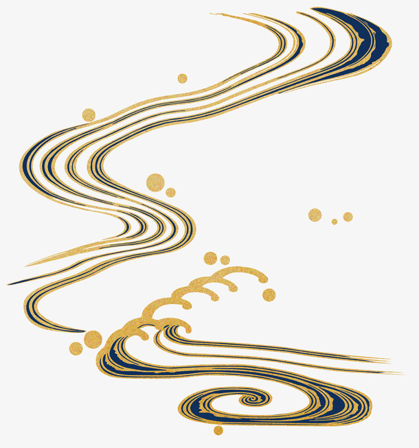 中式金色描边蓝色海浪免抠