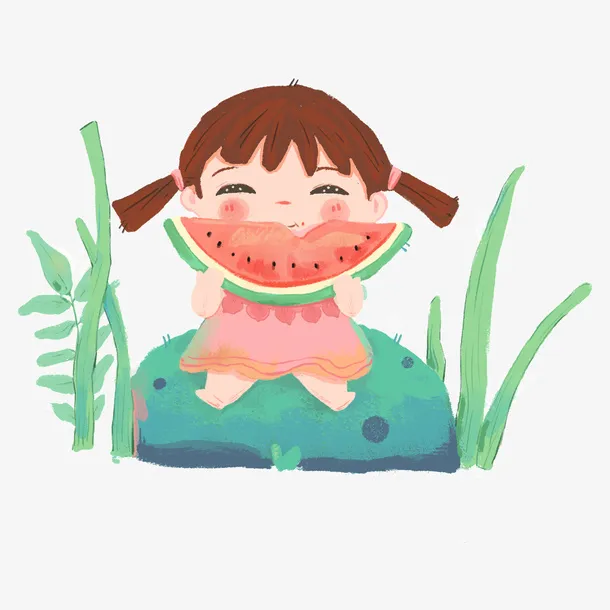 夏日西瓜吃瓜少女免抠