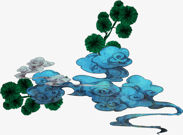 中式 花纹 叶子 云朵 手绘 渐变免抠