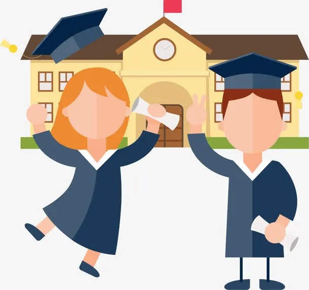 学校礼堂前穿学士服毕业生免抠
