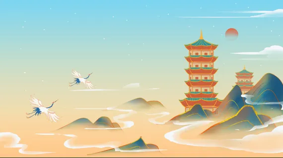 国潮山水古风建筑中国风仙鹤高清