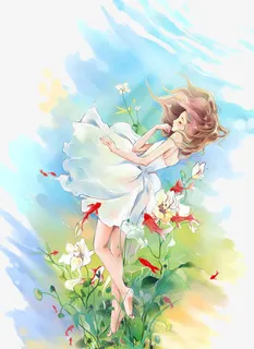 女孩    花     素雅    插画免抠