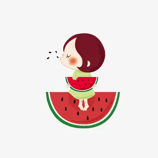 卡通可爱吃西瓜的小女孩免抠标签元素