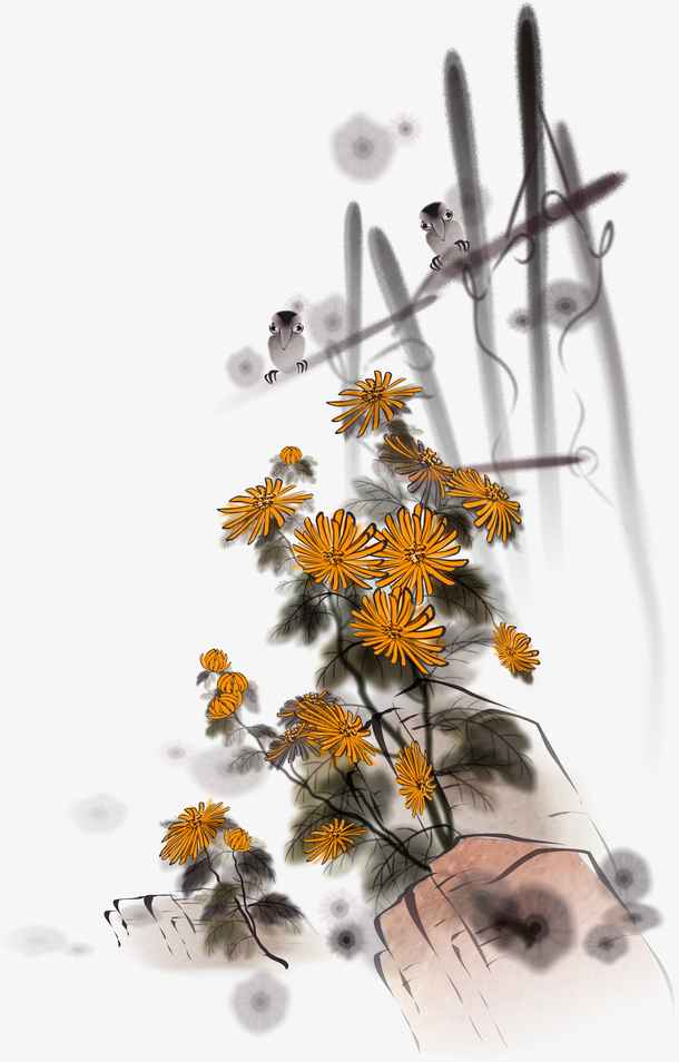 黄色中国风菊花栅栏装饰图案免抠