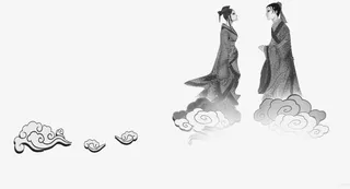 灰色手绘古风云端上的情侣七夕情人节免抠装饰中国风元素