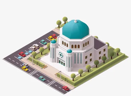 蓝色屋顶扁平建筑免抠