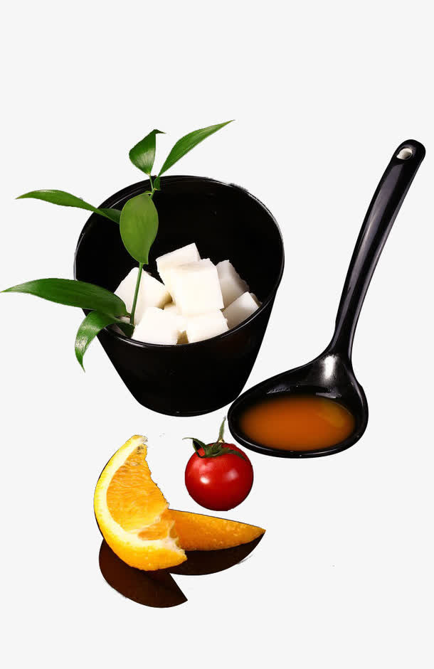 装在黑色容器里的橙香凉粉免抠