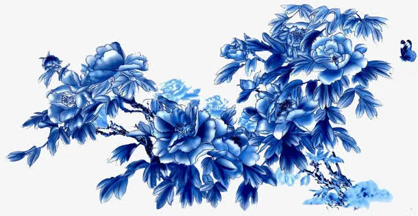 蓝色牡丹花水墨画海报背景