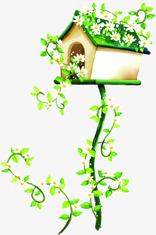 春天花朵手绘清新树屋免抠