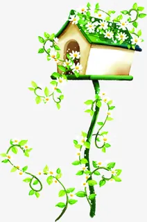 春天花朵手绘清新树屋免抠