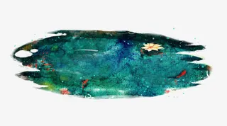 手绘粉色荷花绿色湖水免抠