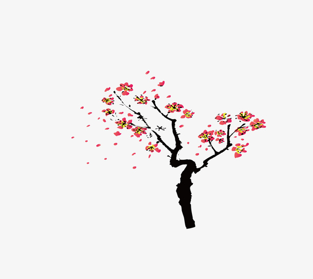 一棵桃花树水墨画免抠