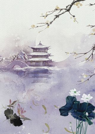 手绘风景古典树枝梅花古建筑文化传承高清