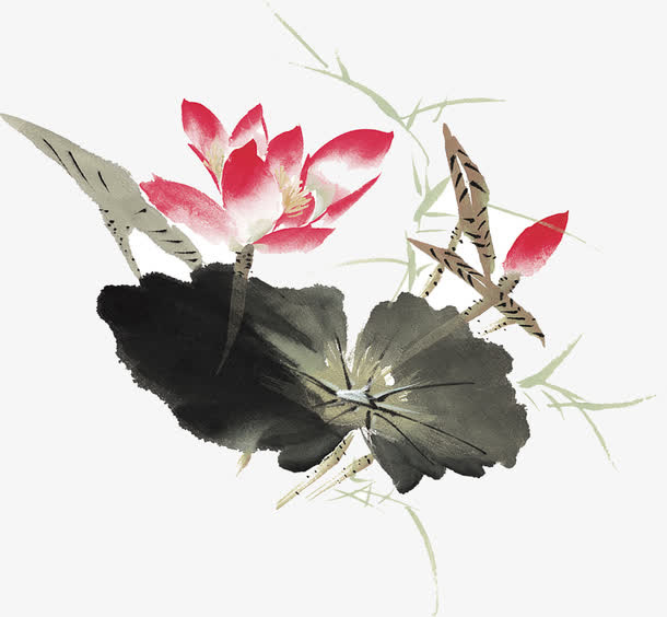 水墨画红色荷花印章免抠