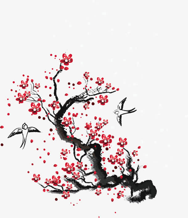 红色樱花树枝手绘精美免抠