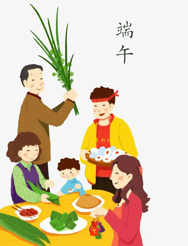 可爱手绘端午节一家人包粽子插画免抠